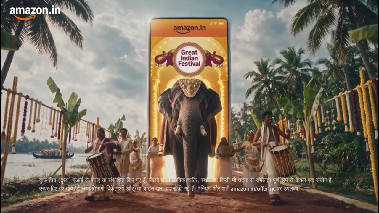 An elephant and drummers walk out of a giant phone showing the Great Indian Festival logo, beside Kerala backwaters, from Amazon's 2026 film