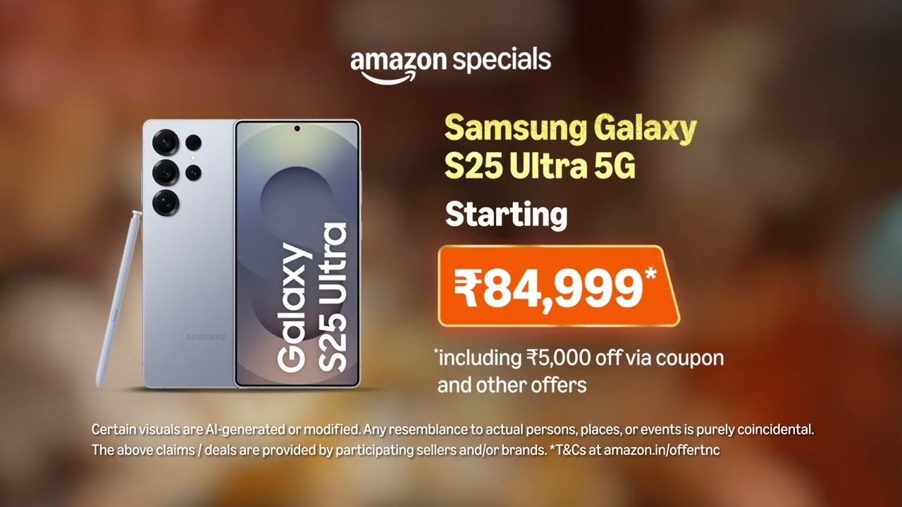 Amazon Specials price card for the Samsung Galaxy S25 Ultra 5G starting at Rs 84,999, with a note that certain visuals are AI-generated or modified