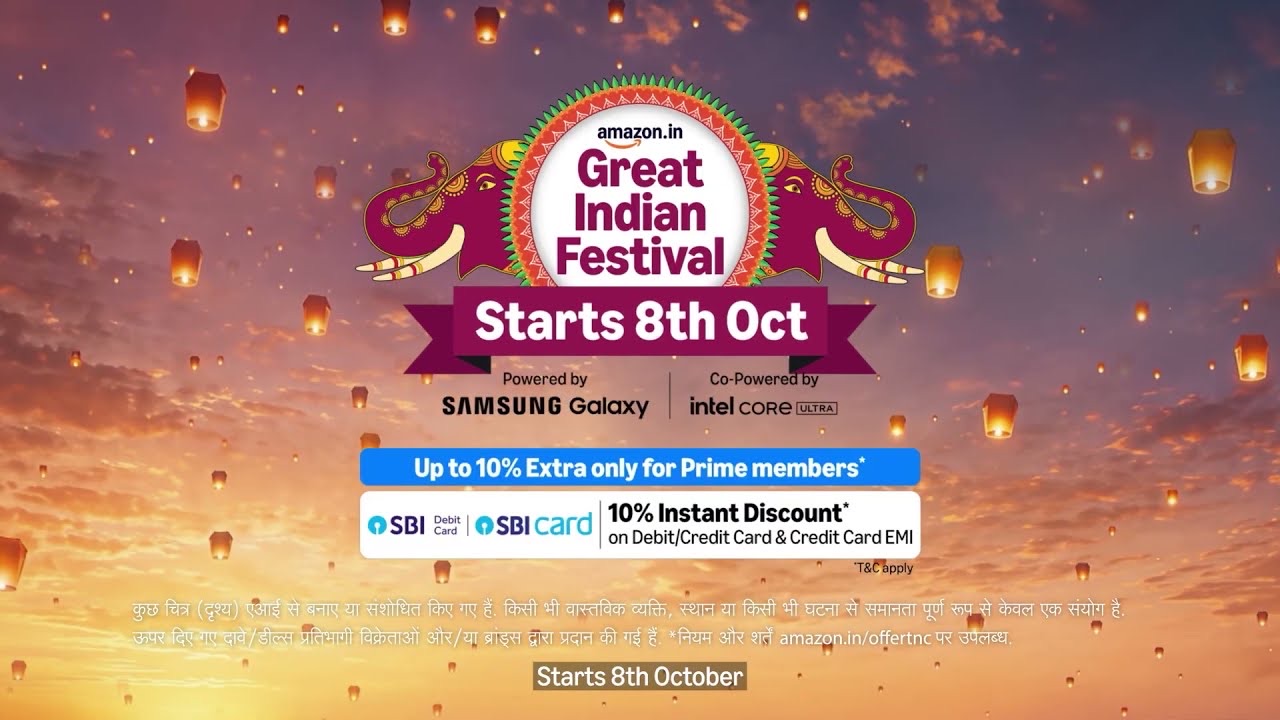 Great Indian Festival "Starts 8th Oct" card, powered by Samsung Galaxy and co-powered by Intel Core Ultra, with an SBI Card 10% instant discount