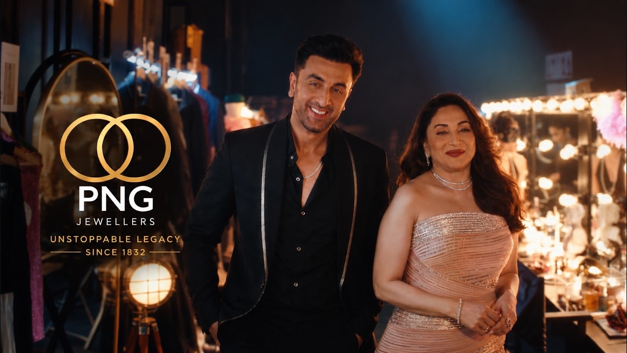 Ranbir Kapoor in a black suit and Madhuri Dixit in a pale gown stand in a backstage dressing room beside the PNG Jewellers Unstoppable Legacy Since 1832 logo