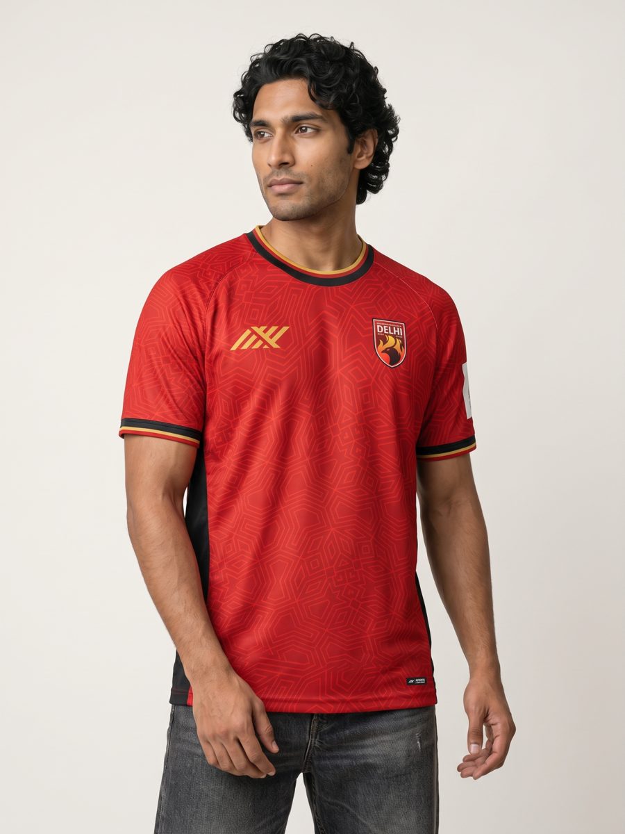 SC Delhi's 2026–27 home shirt by SIX5SIX in red with black trim