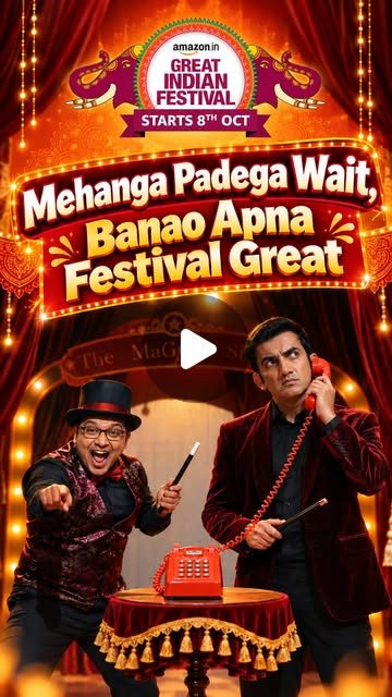 A man in a top hat and a man holding a red telephone on a stage, under the line "Mehenga Padega Wait, Banao Apna Festival Great", Amazon Great Indian Festival 2026